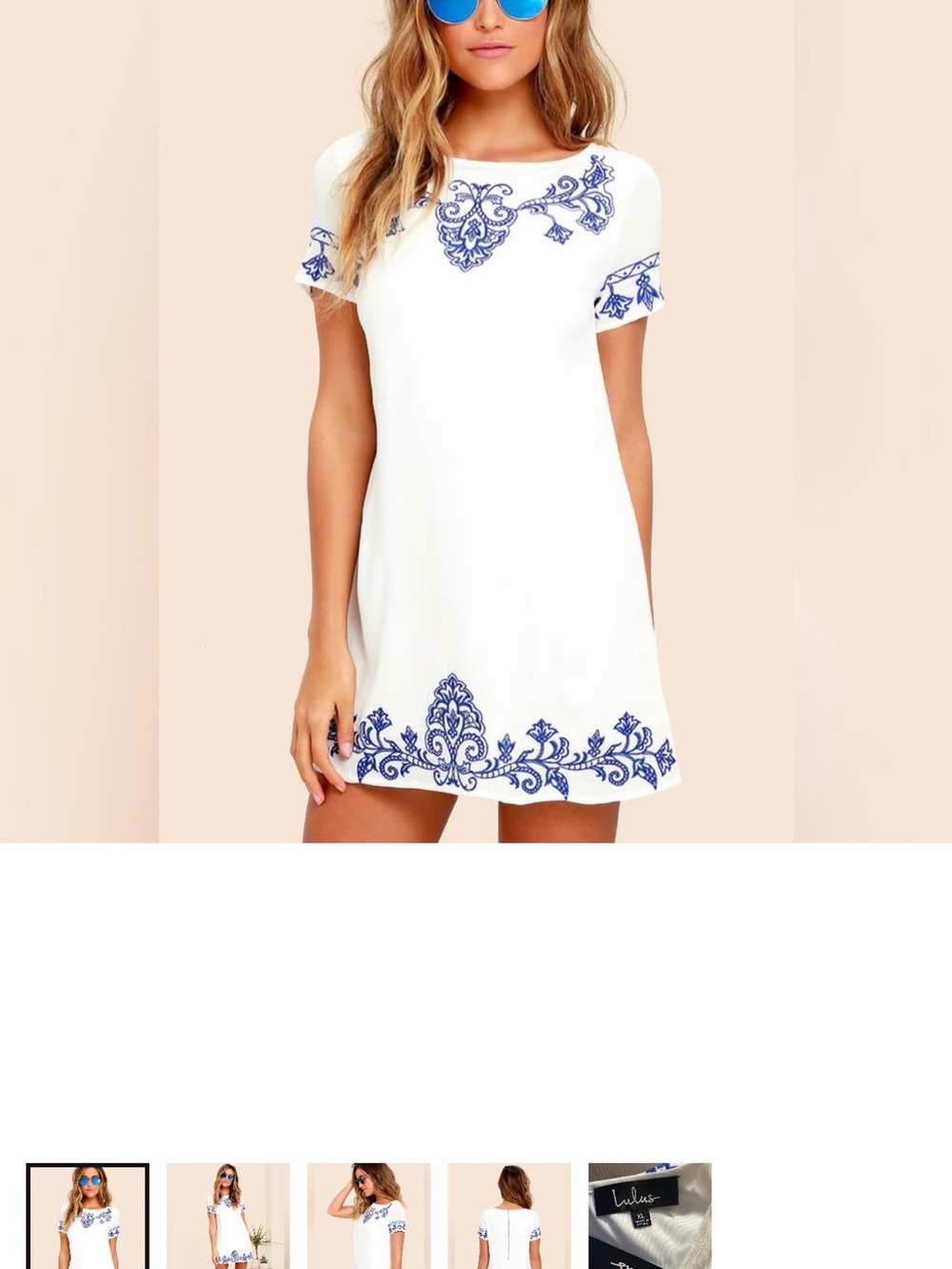 Lulu's White Mini Shift Dress with Blue Embroidery
